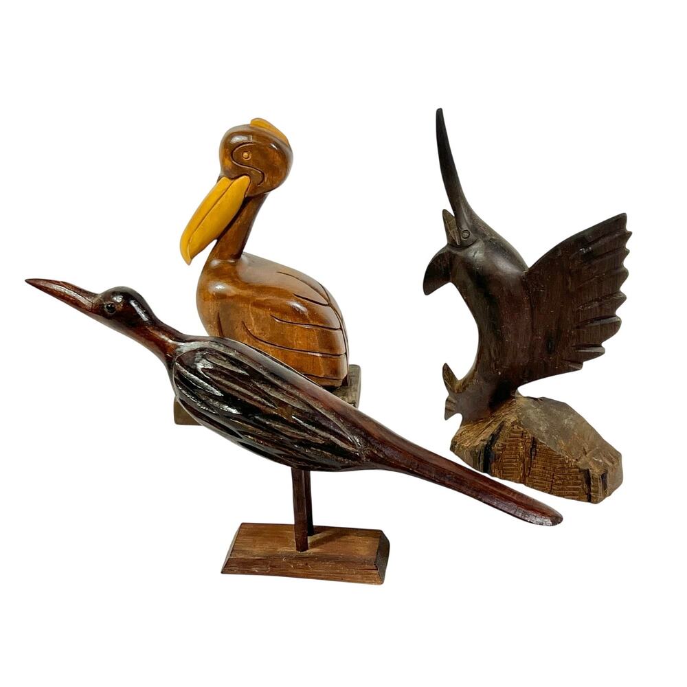 Vintage Hand Carved Wood Bird Figurines Lot Pelican Marlin Swordfish 3pc